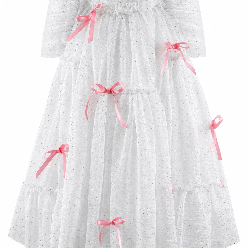 Lola + The Boys White Sparkle Dress with Pink Bows